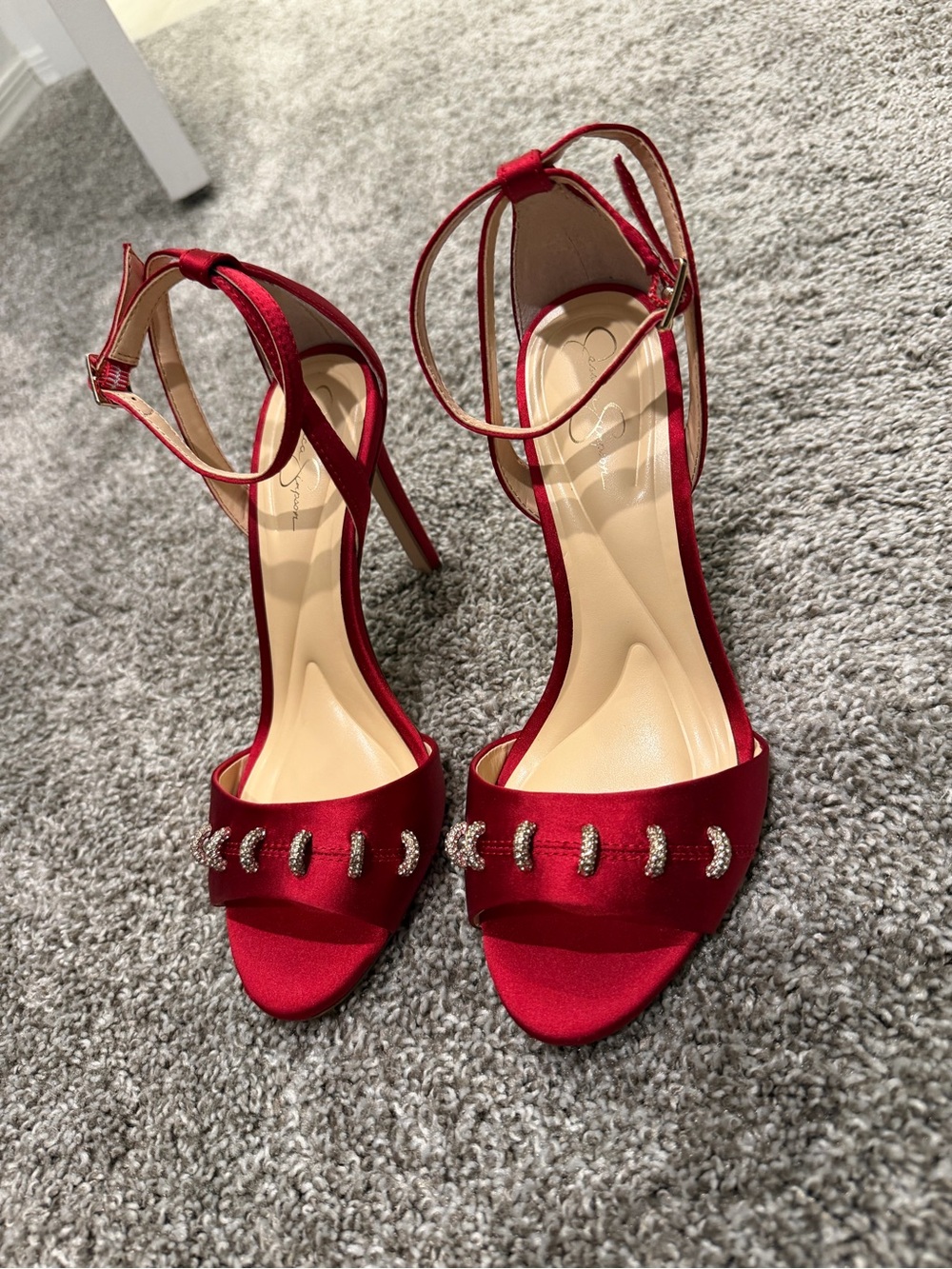 Jessica Simpson Red Satin Ankle-Strap Heels with Rhinestone Accents